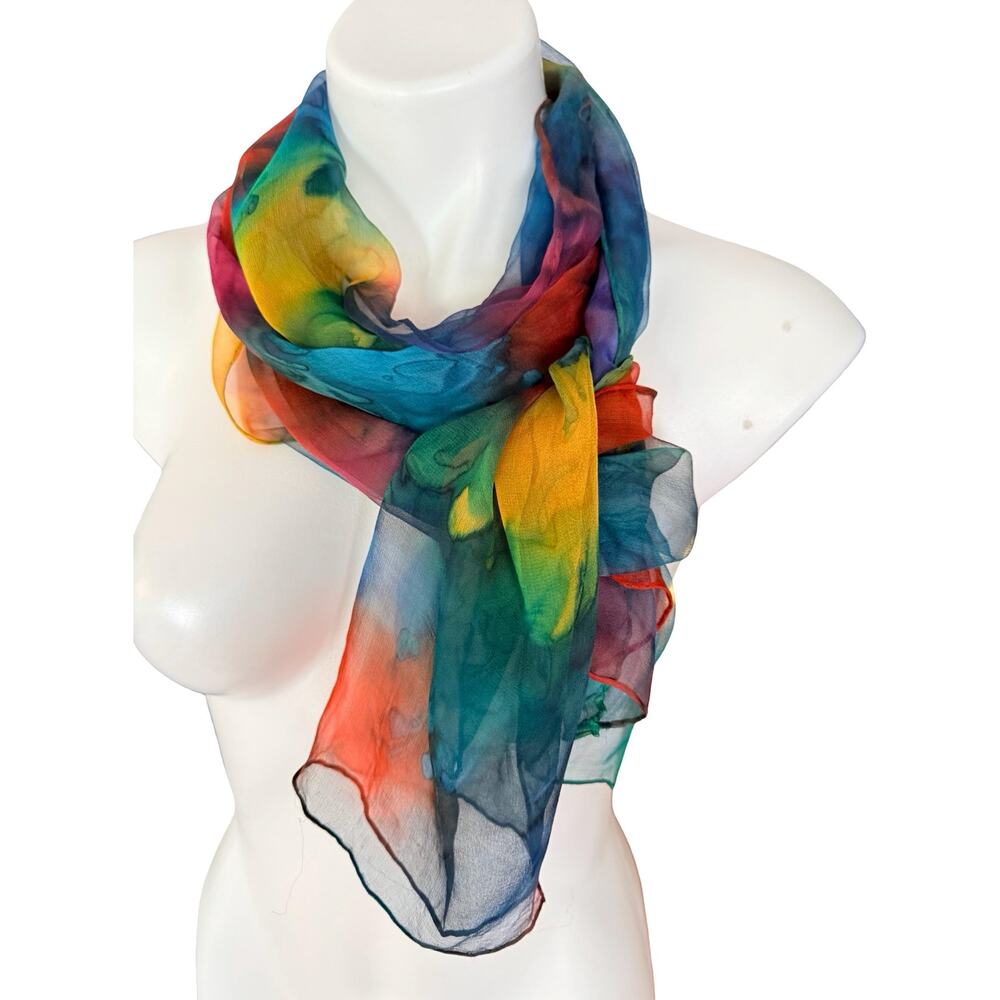 Vintage Hand Painted Silk Chiffon Scarf 1970s Rainbow Watercolor 15x66 - Picture 2 of 8